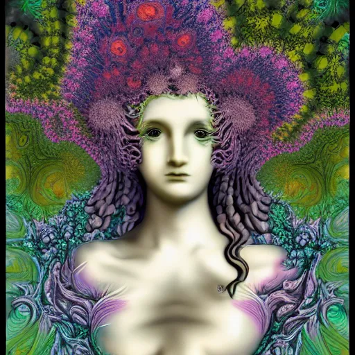 Prompt: an idealistic marble statue with fractal flowery hair in a fractal garden, glowing delicate flower and mushrooms that grow in a dark fatansy forest on the planet pandora,, symmetrical,