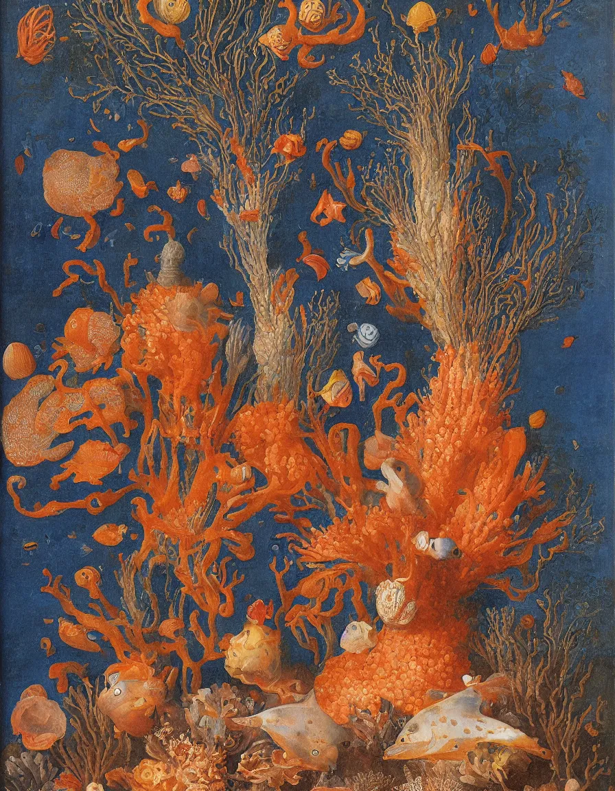 Image similar to bottle vase of coral under the sea decorated with a dense field of stylized scrolls that have opaque outlines enclosing mottled blue washes, with orange shells and purple fishes, Ambrosius Bosschaert the Elder, oil on canvas, hyperrealism, around the edges there are no objects