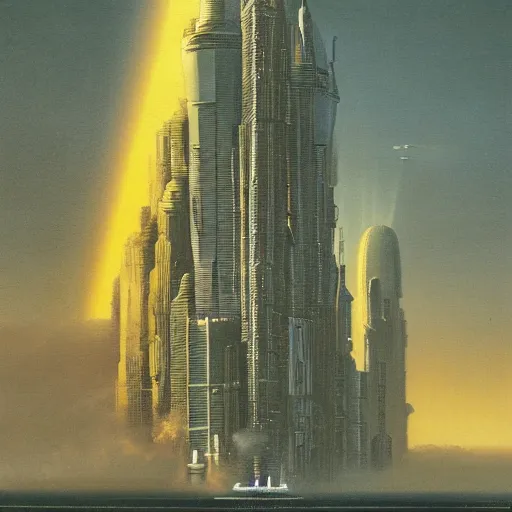 Prompt: massive space ship over a sea of skyscrapers in the style of John Harris wide format