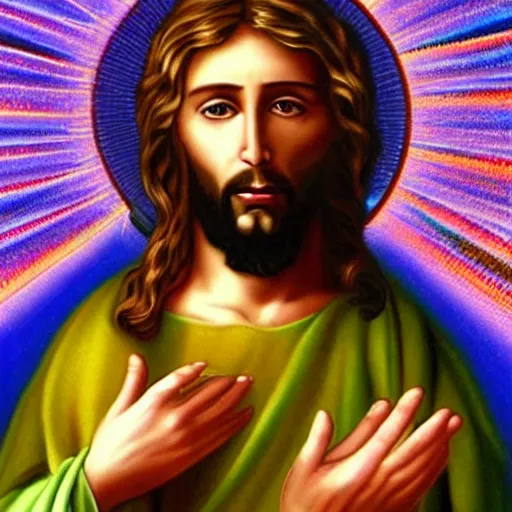 Image similar to dmt visual of jesus 4 k quality super realistic