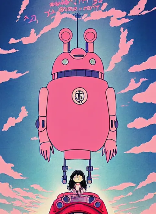 Image similar to a movie poster for a studio Ghibli film based on the song Yoshimi battles the pink robots, part 1. by the band the flaming lips; artwork by Hiyao Miyazaki and studio Ghibli; a Japanese girl is about to fight a gigantic Pink Robot in an alley in Tokyo