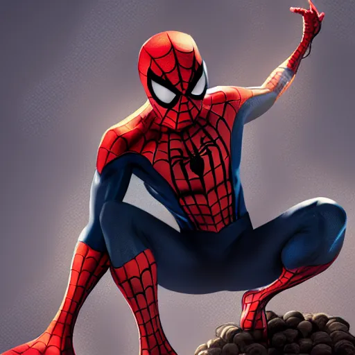 Image similar to spider - man sit on the raccoon and eating donuts, concept art, trending on artstation, highly detailed, intricate, sharp focus, digital art, 8 k