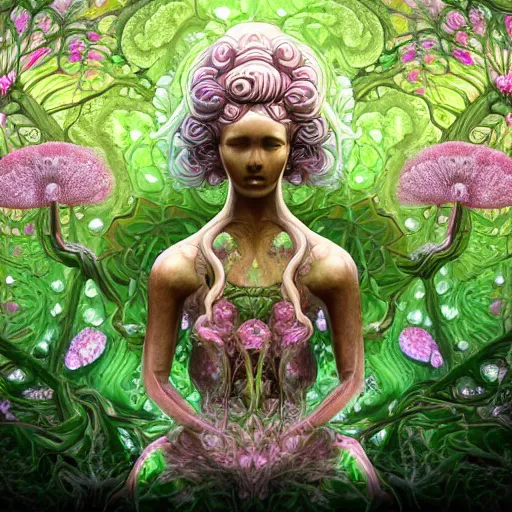 Image similar to an idealistic marble statue with fractal flowery hair in a fractal garden, glowing delicate flower and mushrooms that grow in a dark fatansy forest on the planet pandora,, symmetrical,