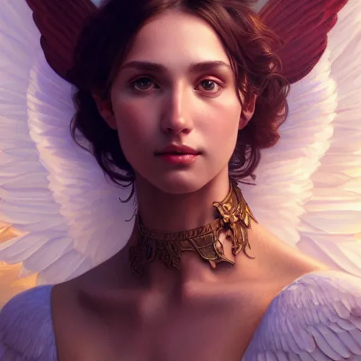 Image similar to wide angle full body portrait of an angel with a perfect face and perfect body, intricate, highly detailed, digital painting, artstation, concept art, smooth, sharp focus, illustration, Unreal Engine 5, 8K, art by artgerm and greg rutkowski and alphonse mucha