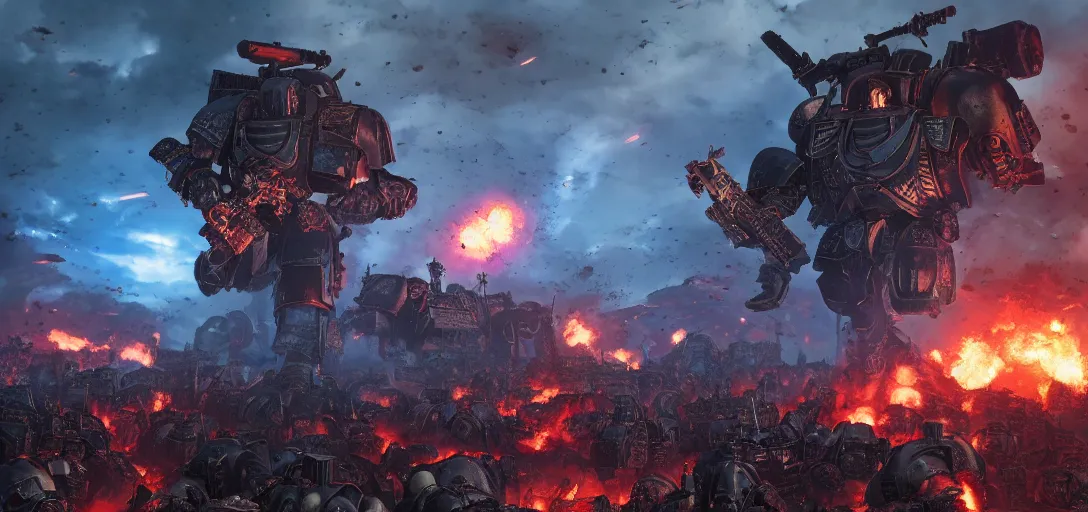 Prompt: warhammer 40k ultramarine on the battle field, explosions, ruined empire on the background, digital art, illustration, wide angle, fine details, cinematic, highly detailed, octane render, 4k, unreal engine