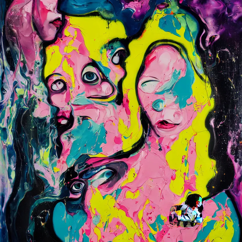 Image similar to woman holding a baby, an ultrafine detailed painting by peter max and francis bacon and fiona rae and hernan bas and anna mond, featured on deviantart, metaphysical painting, pop surrealism, melting paint, biomorphic, mixed media, photorealistic, dripping paint, palette knife texture, masterpiece