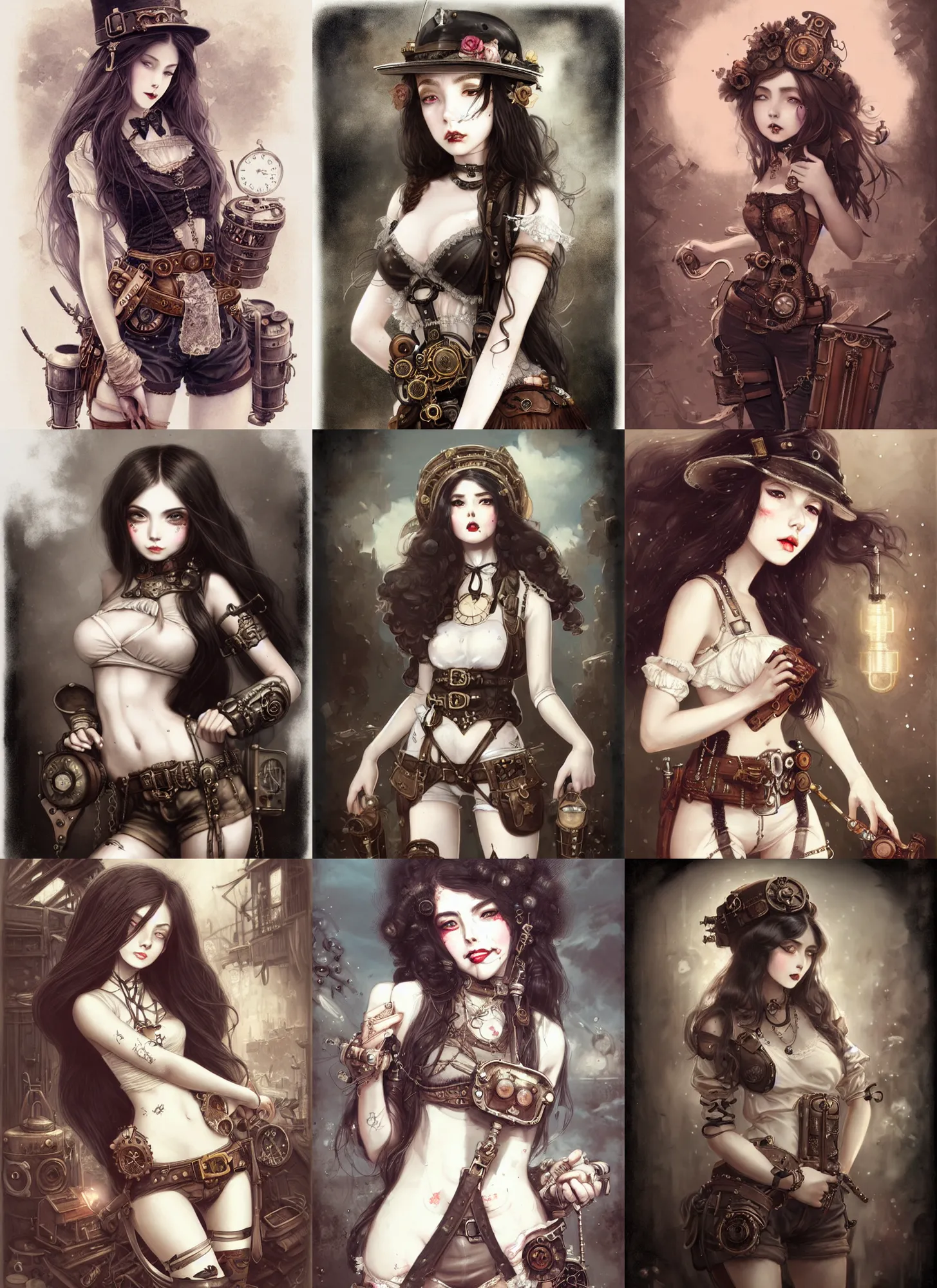 Prompt: daguerreotype of beautiful steampunk girl, white skin, long brunette hair, lipstick, short pants, belts, black croptop, junkyard, high fantasy, highly detailed, digital illustration, by rossdraws, sakimichan frank franzzeta