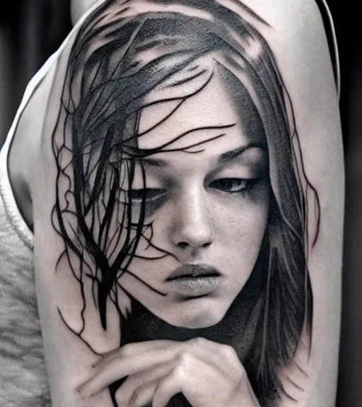 Image similar to a beautiful girl portrait, faded mountain background, realism tattoo, in the style of den yakovlev, black and white, hyper realistic, highly detailed