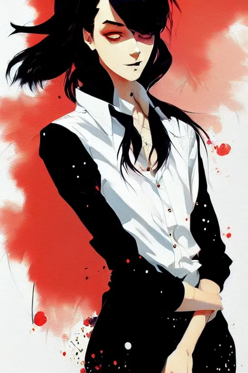 Image similar to a ultradetailed beautiful panting of a stylish woman wearing a shirt with a tie, she has black hair, by conrad roset, greg rutkowski and makoto shinkai, trending on artstation