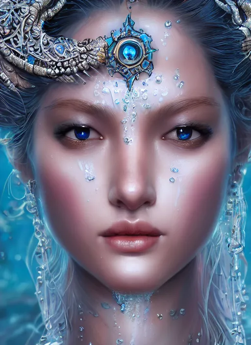 Prompt: up close portrait of a beautiful water goddess, d & d, face, fantasy, intricate, elegant, highly detailed, digital painting, artstation hq, concept art, smooth, sharp focus, 4 k uhd, illustration, art by artgerm and jeehyung lee, trending on artstation, unreal engine 5 highly rendered