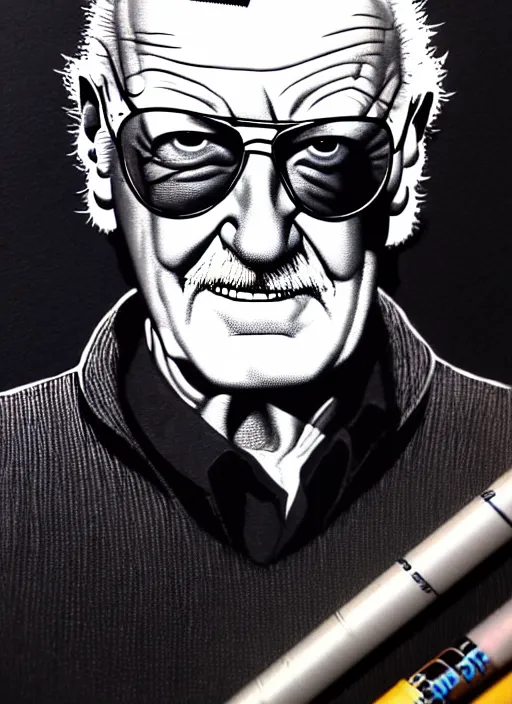 Prompt: stan lee, extremely detailed, bold line art, by vincent di fate and joe fenton and artgerm, marvel, inking, etching, screen print, masterpiece, trending on artstation, sharp, high contrast, hyper realistic, hd, 4 k, 8 k