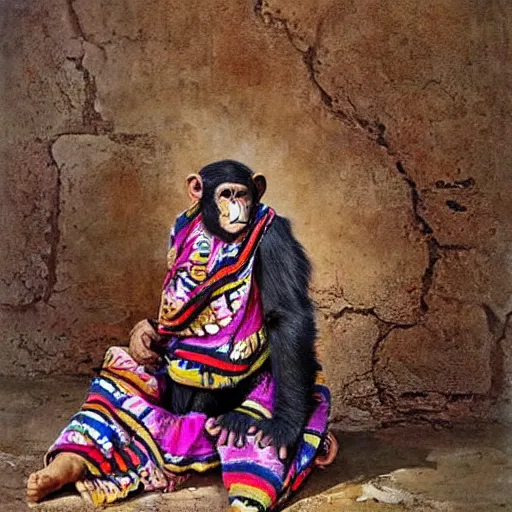 Image similar to beautiful painting by sophie anderson of a chimpanzee wearing kurdish clothes in a kurdish village, award winning art, insanely detailed, bright colors, global illumination, cute, young, stunning