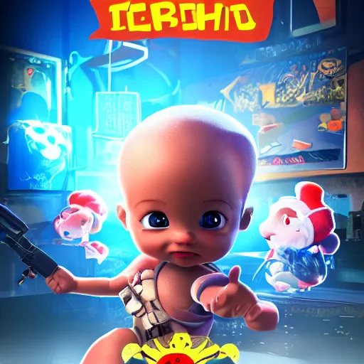 Prompt: video game poster featuring a cartoon baby, dramatic lighting, highly detailed, 4 k