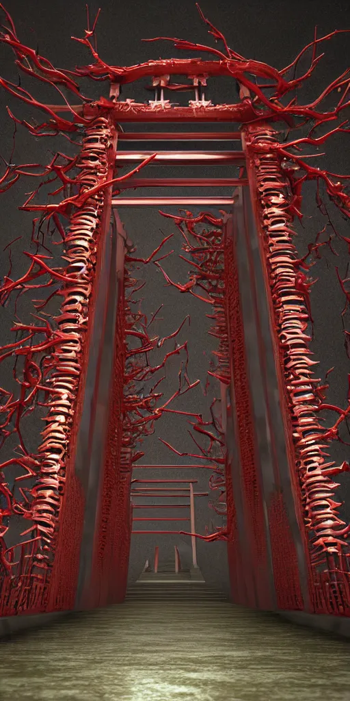 Image similar to 3 d render of a torii gate sculpture made of chrome, chrometype, made of liquid metal, fractal neotribal with thorns and thunders, cyberpunk japanese temple, raytraced, hyper realistic, volumetric lightning, 8 k, by zhelong xu, ouchh and and innate studio