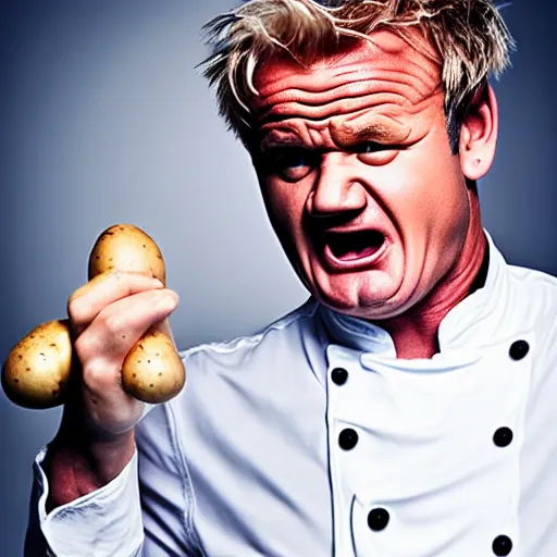 Prompt: Extremely angry Gordon Ramsey is yelling at a potato, studio photography