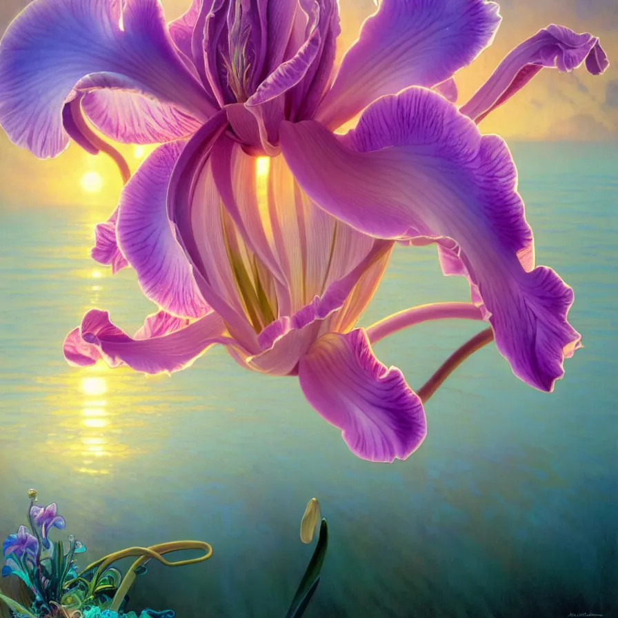 Image similar to detailed giant pastel holographic orchid iris hybrid flower surrounded by ocean waves, lsd water, lsd ripples, droplets, backlit, sunset, refracted lighting, art by collier, albert aublet, krenz cushart, artem demura, alphonse mucha