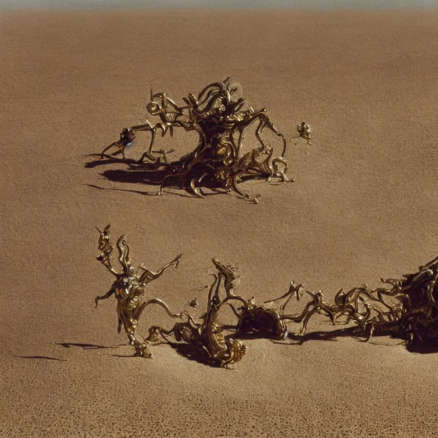 Image similar to salvador dali wearing a golden horned crown and jewels in a dry sand desert landscape, alien spaceship by giger in the landscape, film still from the movie by alejandro jodorowsky with cinematogrophy of christopher doyle and art direction by hans giger, anamorphic lens, kodakchrome, very detailed photo, 8 k