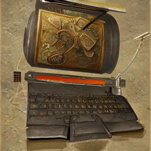 Image similar to Portable computer in ancient time, highly detailed, highly realistic, artstation