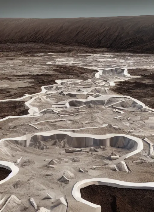 Image similar to bioremediation white architecture, in the mining tailings of chuquicamata, epic, cinematic, hyperealistic, high detailed, corona render, hdr, ray tracing