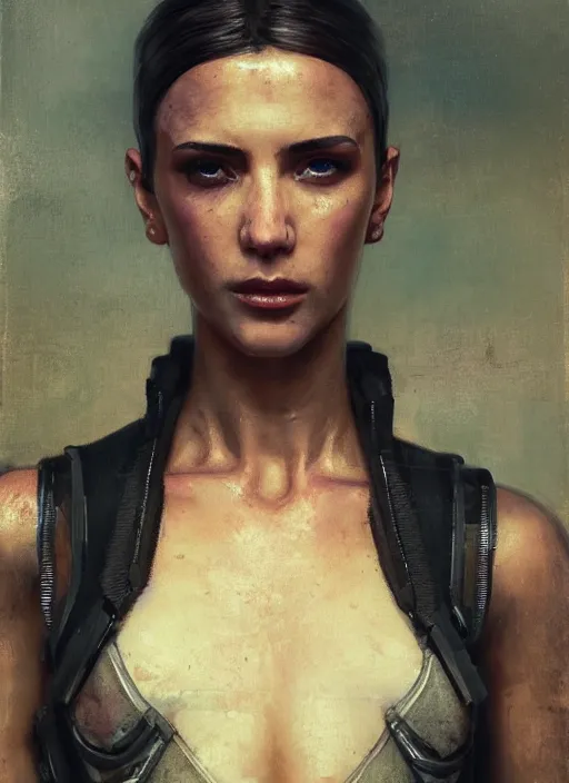 Image similar to rayne. cyberpunk mercenary in a military vest ( blade runner 2 0 4 9, cyberpunk 2 0 7 7 ). orientalist portrait by john william waterhouse and james gurney and theodore ralli and nasreddine dinet, oil on canvas. cinematic, hyper realism, realistic proportions, dramatic lighting, high detail 4 k