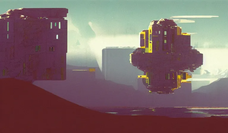 Prompt: A serene landscape with a singular building in the style of Chris Foss.