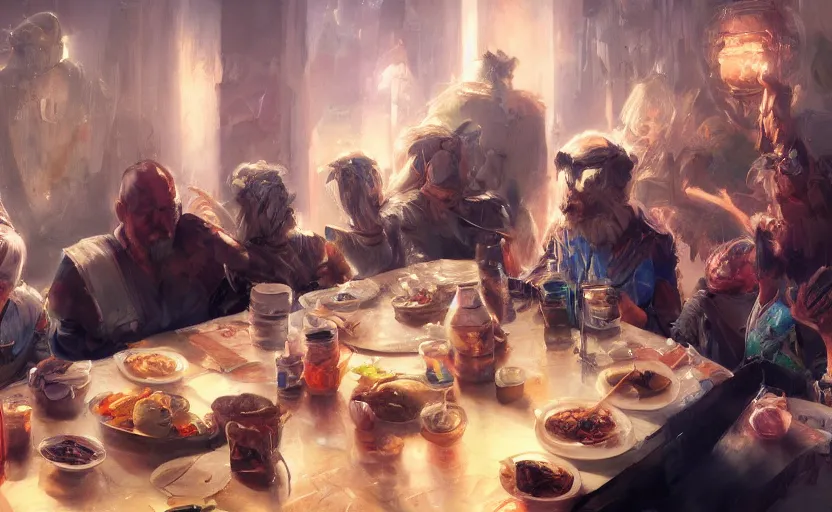 Image similar to high quality high detail painting by jaime jones, family dinner, trending on artstation, hd