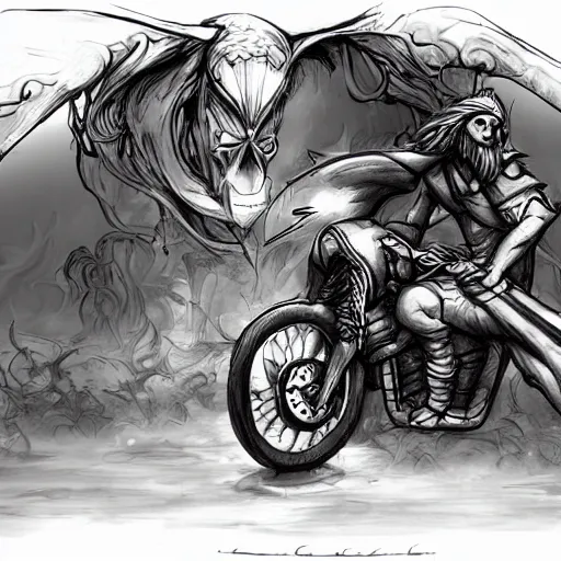 Prompt: epic wizard riding a motorcycle into the gates of hell video game concept art