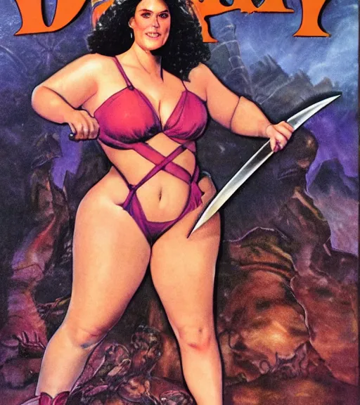 Prompt: 1 9 8 0 s fantasy novel book cover, bbw plus size amazonian young julie bowen in extremely tight bikini armor wielding a cartoonishly large sword, exaggerated body features, dark and smoky background, low quality print
