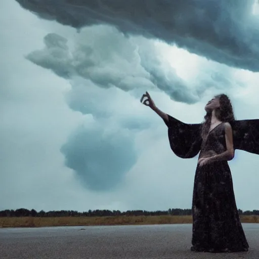 Prompt: time traveller urban shamans embracing biomechanoid cumulonimbus witchcraft brujo geysers storm, hyphae gigantic goddess dancing butoh, embracing clouds and nature with her skin, lucasfilm, gregory crewdson