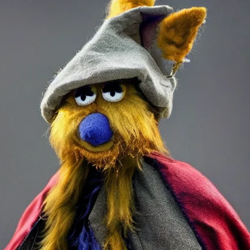 Image similar to photorealistic real life foxfolk wizard druid as a very fancy and also the most adorable thing to ever exist as a lovable furry muppet plush wearing a very fancy ornate elven cloak hand sewn by a professional elven seamstress and also a smoky cape, photography, national geographic, sesame street