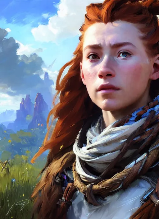 Image similar to portrait of a european Aloy from Horizon Zero Dawn in the style of League of Legends practicing, countryside, calm, fantasy character portrait, dynamic pose, above view, sunny day, thunder clouds in the sky, artwork by Jeremy Lipkin and Giuseppe Dangelico Pino and Michael Garmash and Rob Rey and Greg Manchess and Huang Guangjian, very coherent asymmetrical artwork, sharp edges, perfect face, simple form, 100mm