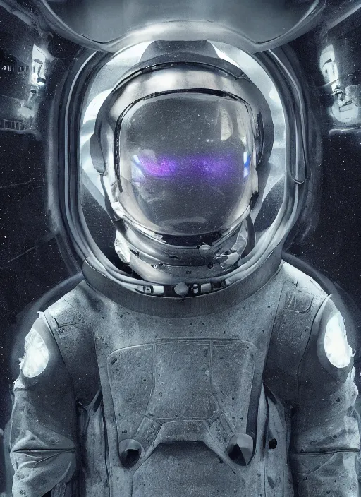 Image similar to symmetry concept art by craig mullins astronaut in futuristic dark and empty spaceship underwater. infrared glowing lights. complex and hyperdetailed technical suit. reflection and dispersion materials. rays and dispersion of light. volumetric light. 5 0 mm, f / 3 2. noise film photo. flash photography. unreal engine 4, octane render. interstellar movie art