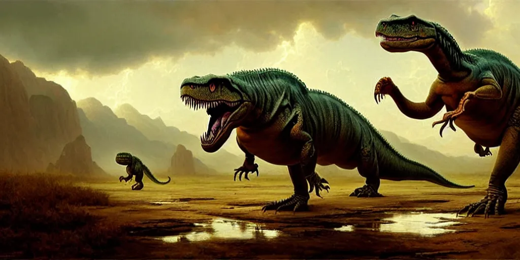 Image similar to a singe t - rex is crossing american plains with a small riverbed, mountaineous background, cloudy day, highly detailed, digital art, by greg rutkowski, by albert bierstadt