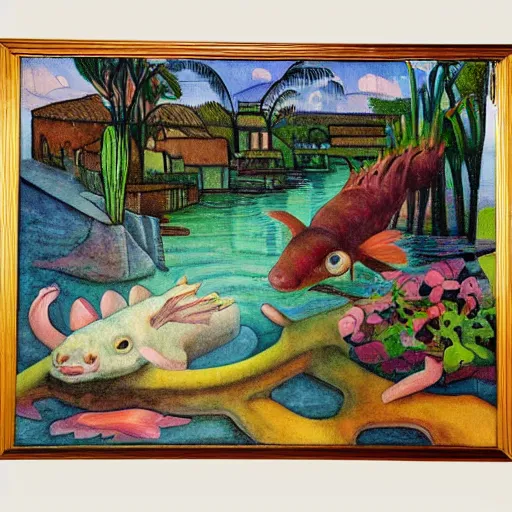 Image similar to axolotl swimming in a river with a quaint mexican village in the background painted by diego rivera