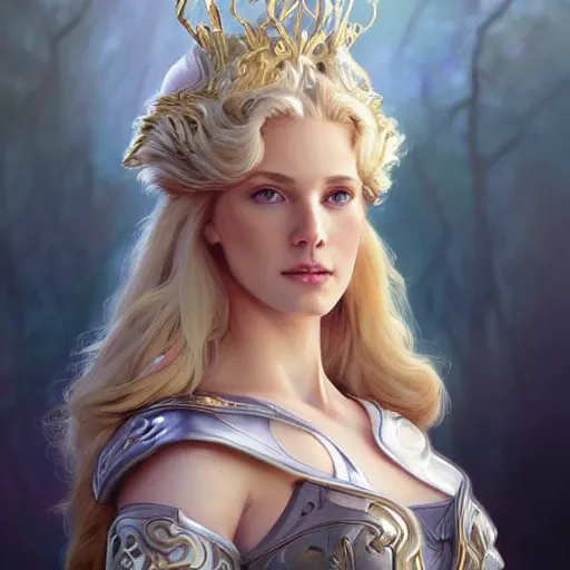 Image similar to A beautiful digital painting of a strong woman with blond haire, in a regal armor, princess, a ghostly bear behind her, D&D, fantasy, intricate, cinematic lighting, highly detailed, digital painting, Artstation, concept art, smooth, sharp focus, illustration, art by Artgerm and Greg Rutkowski, Alphonse Mucha and charlie bowater