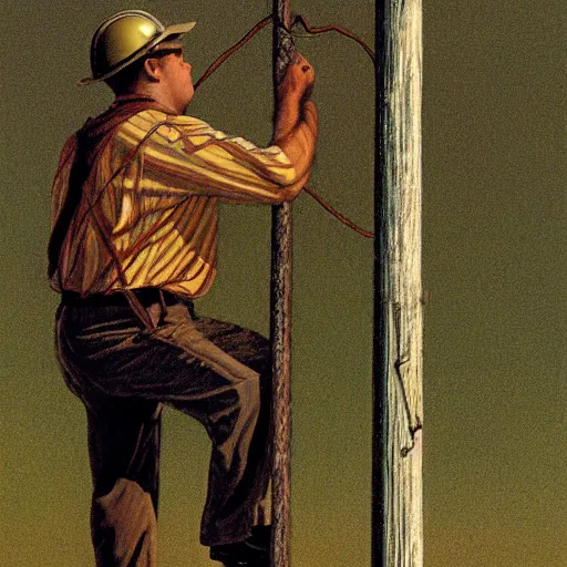 Prompt: A lineman working on a utility pole with a wasp nest on it, painting by Chris Van Allsburg