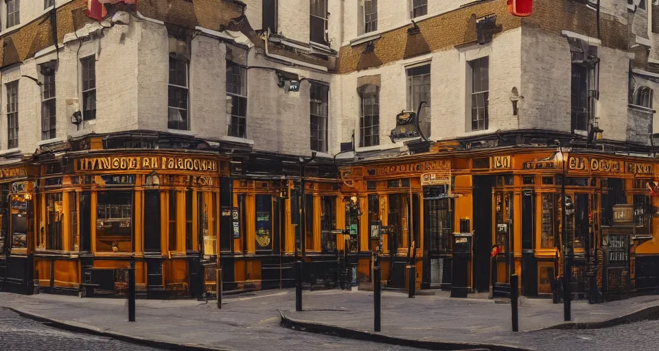 Image similar to closeup profile portrait of a london pub 1 8 8 0, depth of field, detailed and intricate environment, golden hour, 8 k resolution, hyperrealistic, octane render