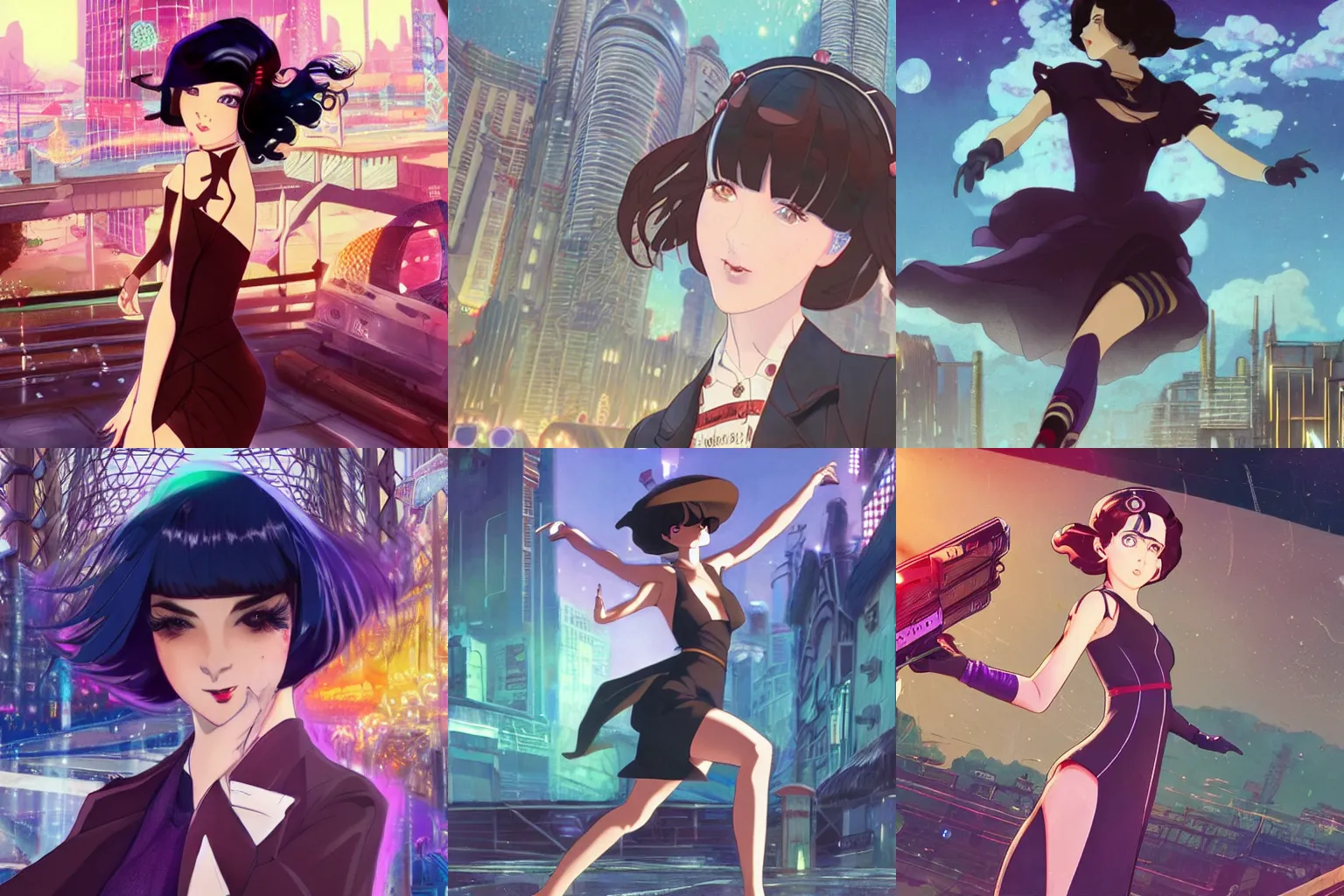 Prompt: image of a beautiful girl with dark hair dressed in 1920\'s fashion with a sci fi twist, solar punk city background, she is running from a group of police enforcers who are trying to shoot her rich vivid colors, ambient lighting, dynamic lighting, 4k, HQ, official media, anime key visual, syd mead, makoto shinkai, ilya kuvshinov, lois van baarle, rossdraws, detailed, trending on artstation