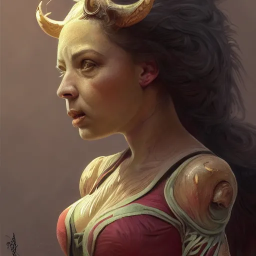 Image similar to dark fantasy character portrait of Peppa Pig, dramatic, unsettling, intricate, wild, highly detailed, digital painting, artstation, upper body, concept art, smooth, sharp focus, illustration, art by artgerm and greg rutkowski and alphonse mucha