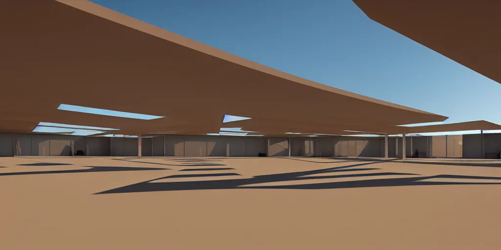 Prompt: faceted roof planes lift and descend creating shade and architectural expression, highly detailed, cyberpunk, situated in desert oasis, 2 point perspective, heat blur