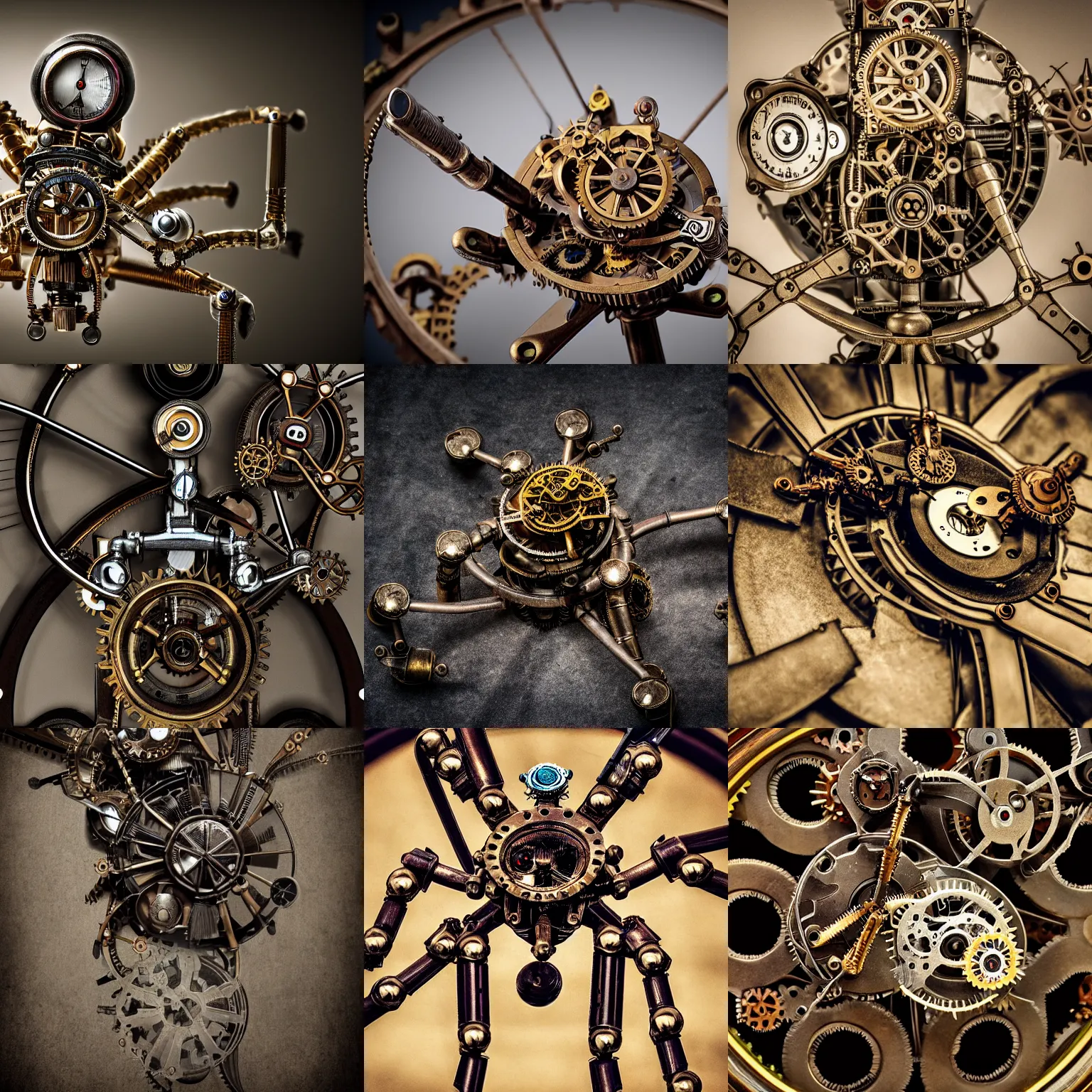 Prompt: photograph of a steampunk mechanical spider, professional high detail dramatic photo