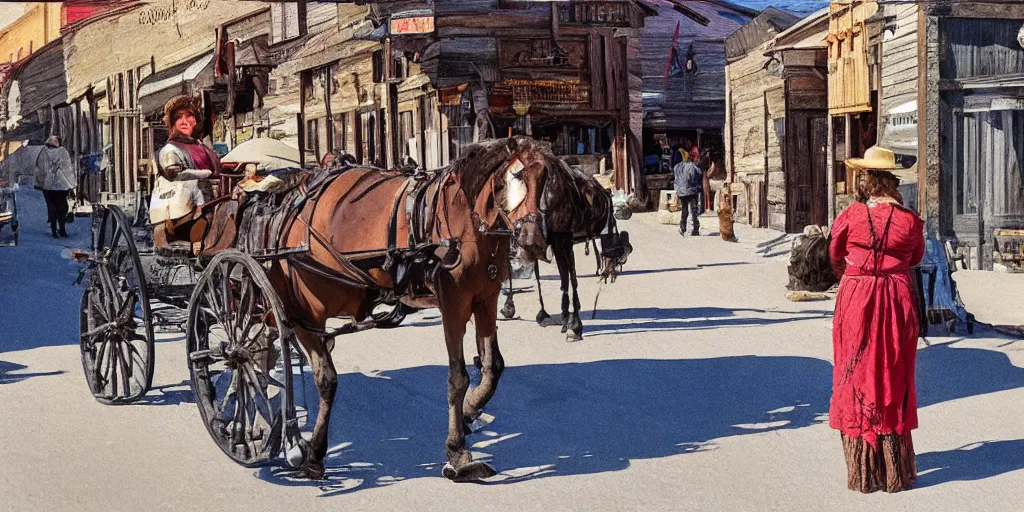 Image similar to beautiful-woman in a crowded old-west-mountain-town Main Street in the style of Fredric Remington