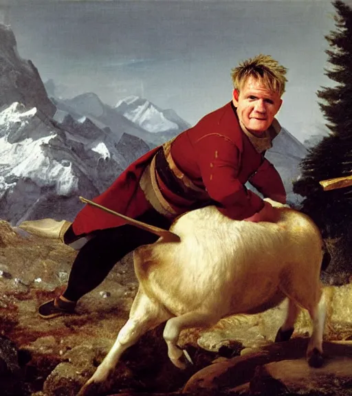 Prompt: gordon ramsay crossing the alps on a ram painting by paul delaroche