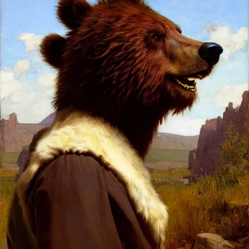 Image similar to wild west portrait of furry anthro anthropomorphic grizzly bear head animal person fursona wearing clothes in the valley, sunny day, digital art by Nerdrum John, William Waterhouse, Winslow Homer, Alex Heywood, Jordan Grimmer, Darren Quach, Greg Rutkowski, Simon Stalenhag, trending on Artstation, CGSociety