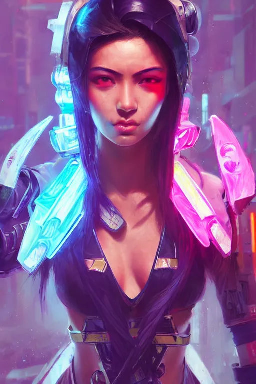 Image similar to akali from league of legends, cyberpunk futuristic neon. decorated with traditional japanese ornaments by ismail inceoglu dragan bibin hans thoma greg rutkowski alexandros pyromallis nekro rene maritte illustrated, perfect face, fine details, realistic shaded, fine - face, pretty face, masterpiece