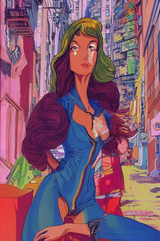 Image similar to portrait of an attractive young female protagonist, center focus, in city street, surreal, colorful, detailed artwork by ralph bakshi