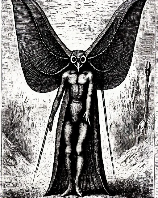 Image similar to illustration of mothman as a demon from the dictionarre infernal, etching by louis le breton, 1 8 6 9, 1 2 0 0 dpi scan, ultrasharp detail, clean scan