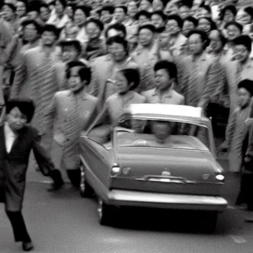 Image similar to 1960s press archive of middle-aged Kim Jong-il coming out of a car, face obscured, Reuters, 35mm film, film grain, mysterious exterior, motion blur, crowd, kaiju-eiga in the background, underexposed