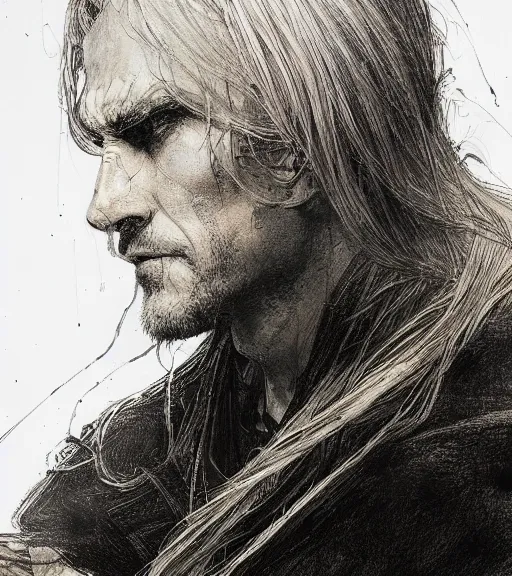 Image similar to portrait of man with long blond hair tied up wearing black robes, pen and ink, intricate line drawings, by craig mullins, ruan jia, kentaro miura, greg rutkowski, loundraw