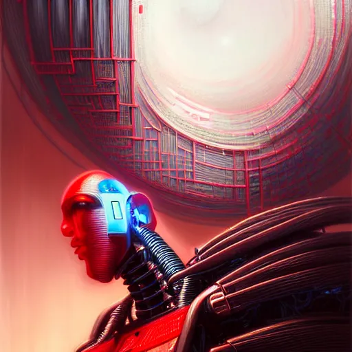 Prompt: low angle shot of a cyberpunk robot character, red computer wires, intricate, elegant, highly detailed, centered, digital painting, artstation, concept art, smooth, sharp focus, illustration, artgerm, Tomasz Alen Kopera, Peter Mohrbacher, donato giancola, Joseph Christian Leyendecker, WLOP, Boris Vallejo